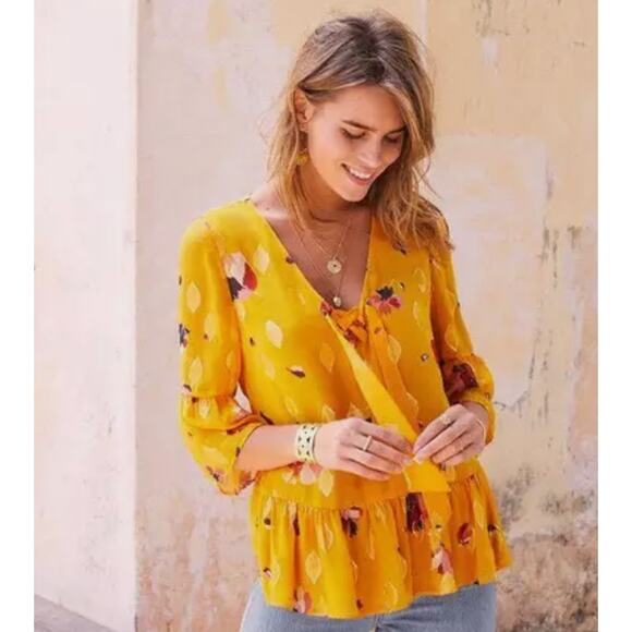 Sezane Anita Mustard Yellow Floral & Metallic Silk Top Blouse Size 36/ US 4 - Picture 1 of 8